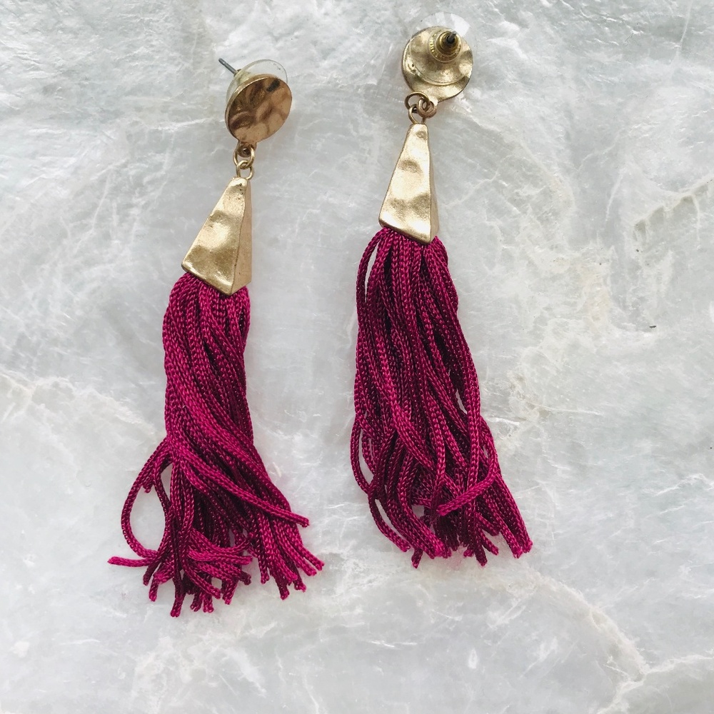 Maroon tassle earrings, with gold detail